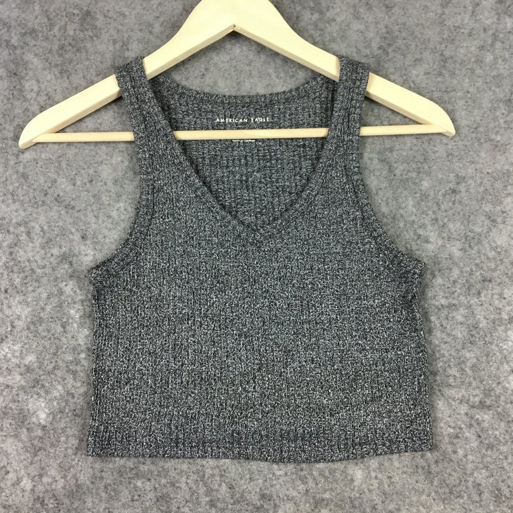 American Eagle Top S Rib Knit Crop V Neck Cutaway Shoulders Gray Marled Casual